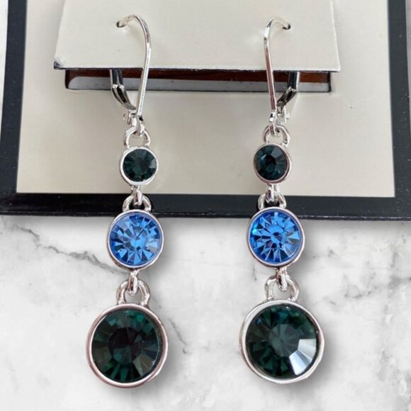Napier Jewelry - NAPIER Mod/Contemporary Silver Blue & Green Crystal Triple Dangle Earrings**NEW!